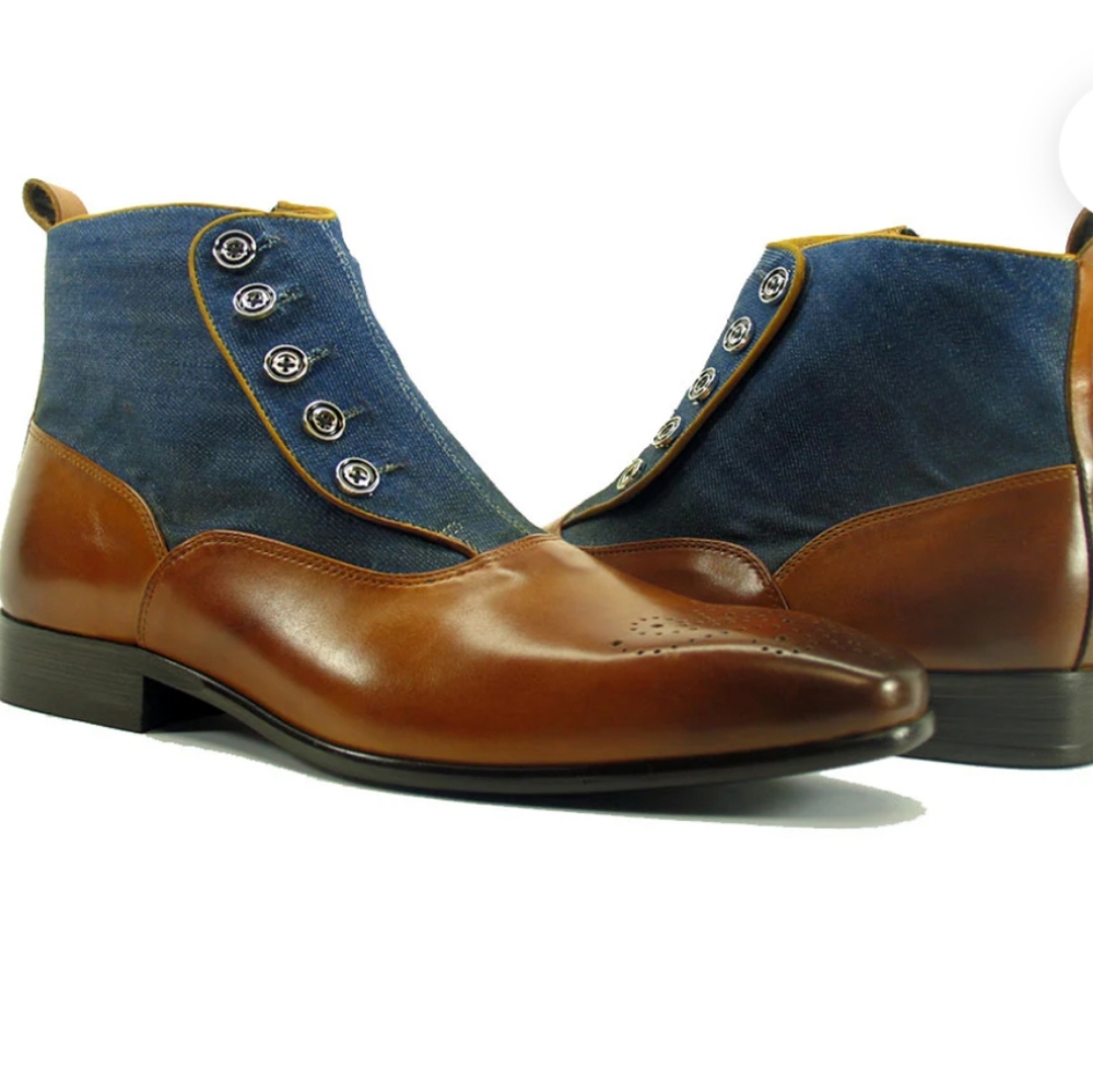 Carrucci Calfskin Button Up Slip-On Boot with zipper. Whiskey and denim sz 11